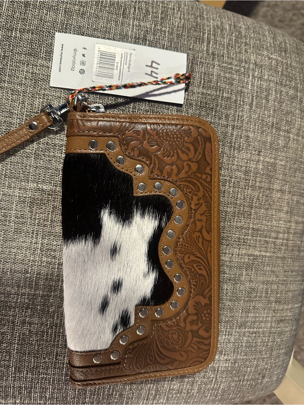 Myra Bag Brown Tooled Leather Wristlet with Black & White Cowhide